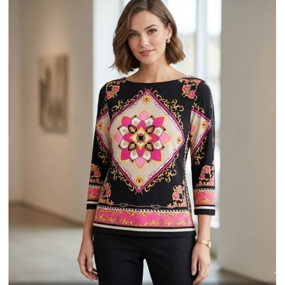 Charter Club Womens Baroque Scarf Print Boat Neck Top Pink Black Gold Sz Medium